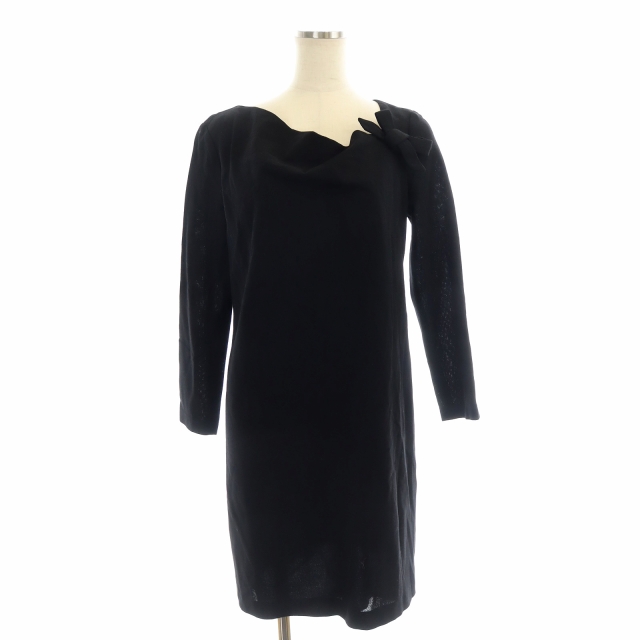 ポールカ PAULE KA リボン ボートネック ワンピース ミニ 長袖 38 黒  