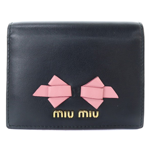 miu miu リボン付き二つ折り財布 ブラック/ピンク ミュウミュウ miumiu リボン 二つ折り財布 レザー ロゴ 黒 ブラック