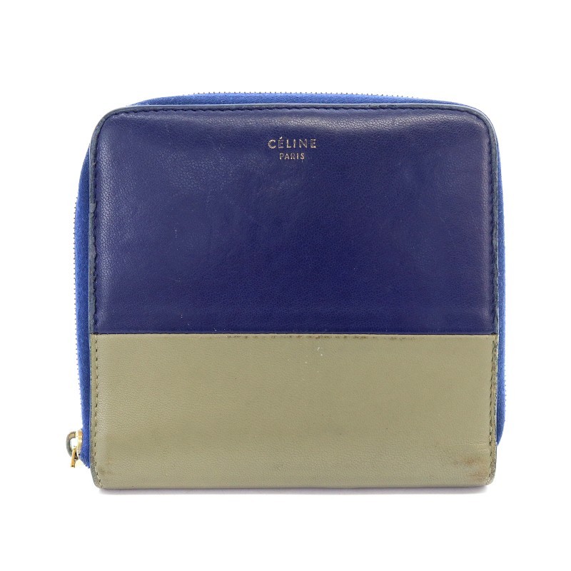 CELINE レザー キャンバス 2つ折り財布 マカダム柄 ネイビー ロゴ