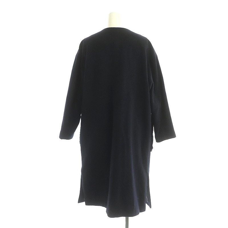 ファー コート ロングコート 紺 ネイビー ノーカラーコート