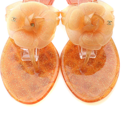 CHANEL シャネル ココマーク カメリア サンダル 38 シャネル カメリア ココマーク サンダル 38 24cm オレンジ 赤