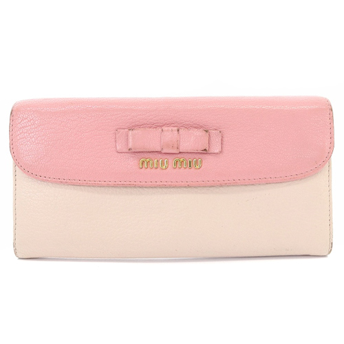 ミュウミュウ miumiu リボン 二つ折り 長財布 レザー ロゴ ピンク