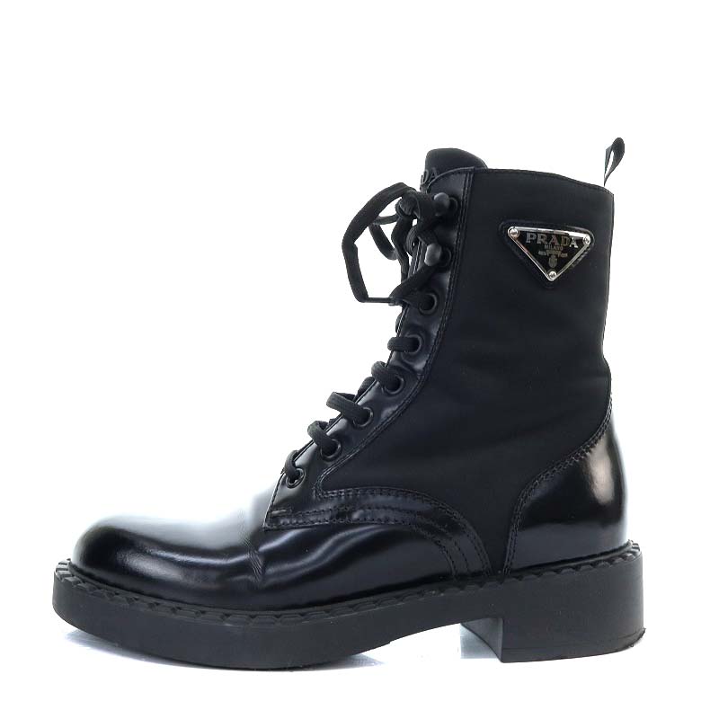プラダ PRADA ブーツ ショート ローヒール 三角ロゴプレート 切替え 