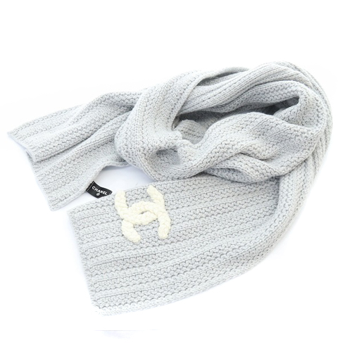 シャネル CHANEL ココマーク カシミヤ マフラー ニット ライトグレー  