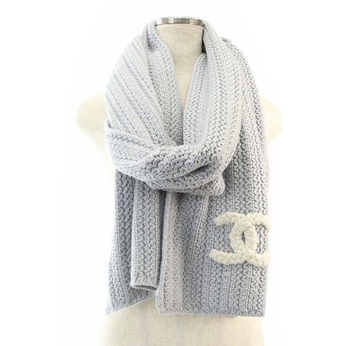 シャネル CHANEL ココマーク カシミヤ マフラー ニット ライトグレー 