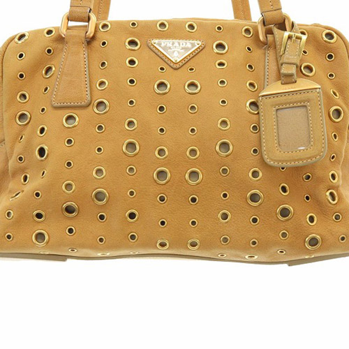 美品 1340 PRADA ボストンバッグ レザー パンチング ブラウン 肩掛け プラダ PRADA パンチング レザー ハンドバッグ 茶色 ブラウン