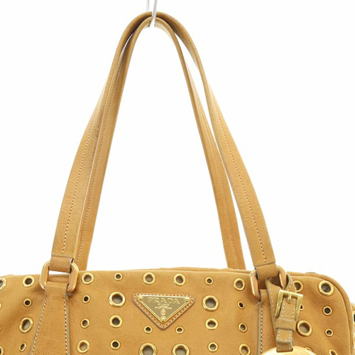 美品 1340 PRADA ボストンバッグ レザー パンチング ブラウン 肩掛け プラダ PRADA パンチング レザー ハンドバッグ 茶色 ブラウン
