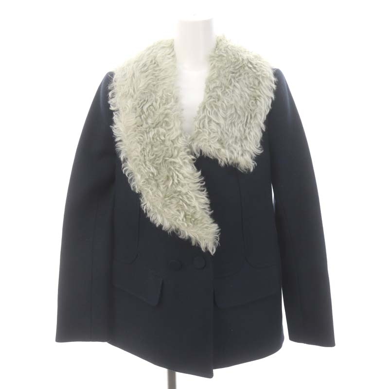 カルヴェン CARVEN ファー ウール ダブル コート ショート丈 34 紺 