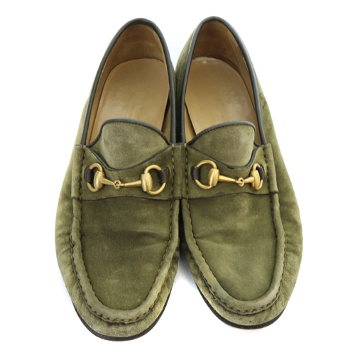 グッチ GUCCI ビット ローファー スエード 41.5 26.5cm カーキ 緑  