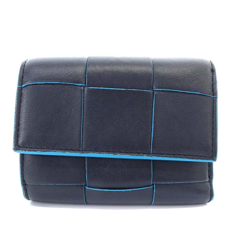 ボッテガヴェネタ 三つ折り財布 マキシ イントレチャート レザー 黒 青  