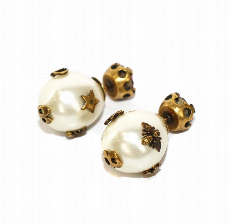 ディオール Dior Tribales ピアス ロゴ ビジュー 白 ホワイト ゴールド 