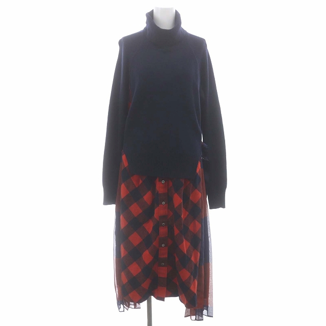 サカイ sacai ハイネックドッキングニットワンピース チェック 切替 