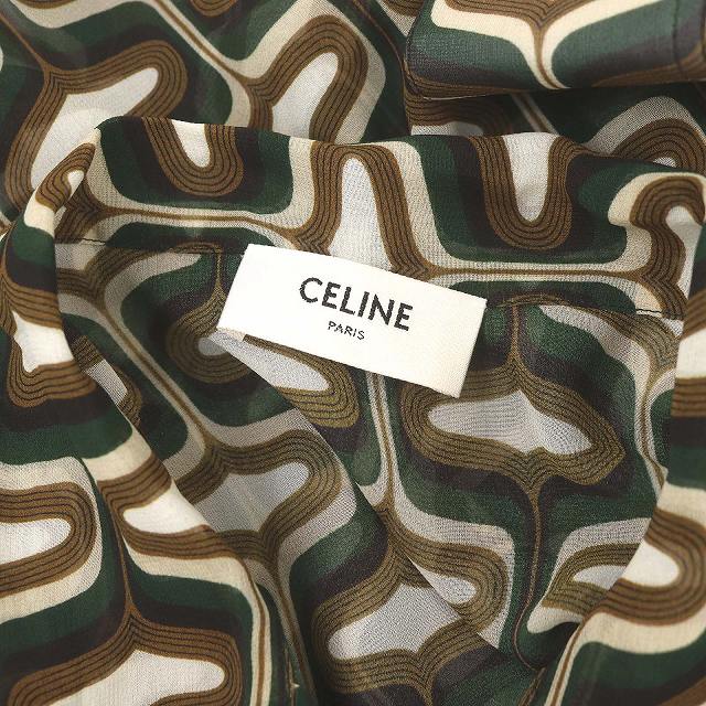 セリーヌ CELINE 総柄シルクボウタイブラウス シフォン 長袖 40 緑 茶 