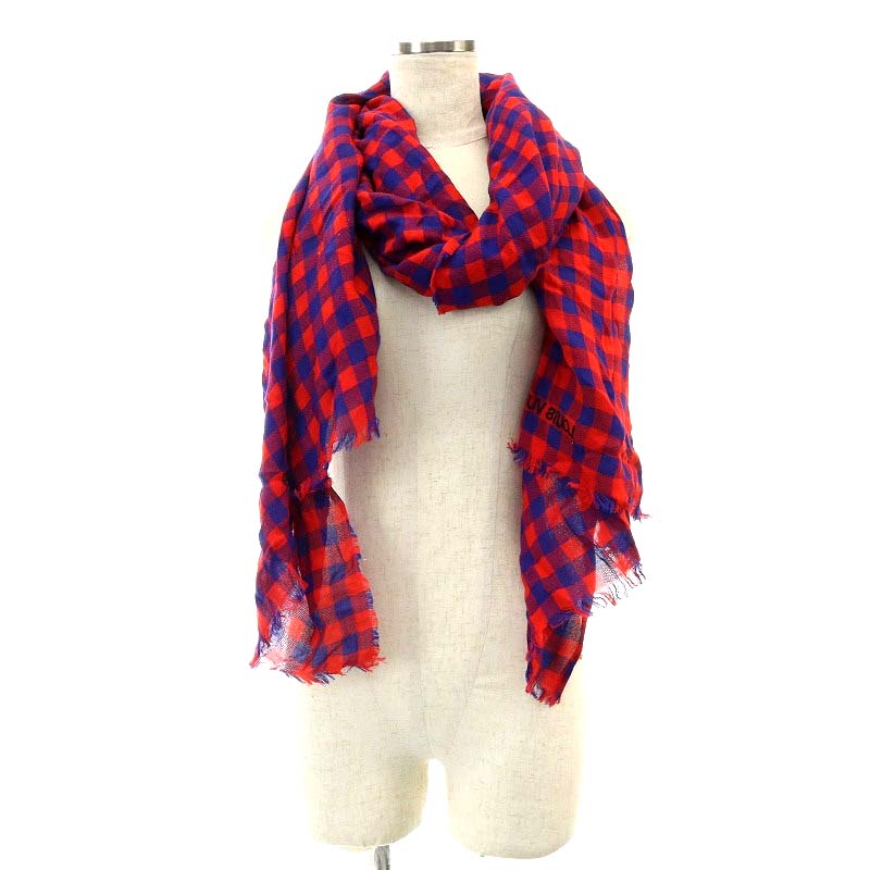 ルイヴィトン LOUIS VUITTON ストール チェック柄 フリンジ 赤 レッド  
