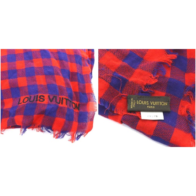 ルイヴィトン LOUIS VUITTON ストール チェック柄 フリンジ 赤 レッド 