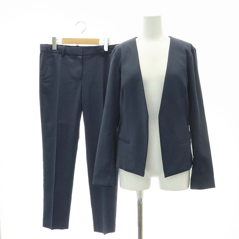 美品 セオリーリュクス パンツスーツ セットアップ リネン ネイビー 42 XL Theory リネンパンツセットアップ ノーカラー×テーパード