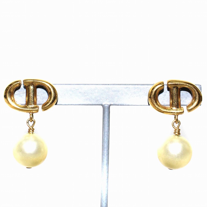 ディオール Dior ピアス 両耳用 フェイクパール CDロゴ ゴールド色 白 