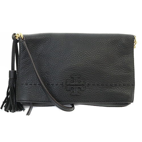Tory Burch トリーバーチ黒レザーショルダーバッグ タッセル付き