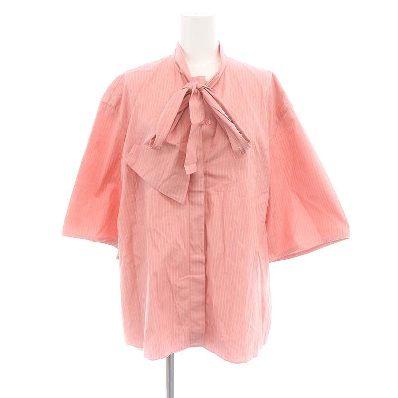 ドゥロワー Drawer PRE2 コットンストライプ リボンブラウス 七分袖 38  