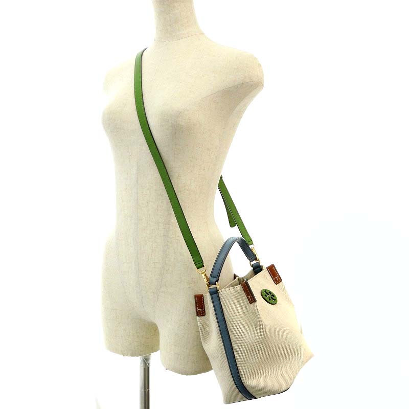 Tory Burch☆キャンバス バケットバッグ レザートリム♪送料込 Tory Burch - □新同□ トリーバーチ キャンバス バケット