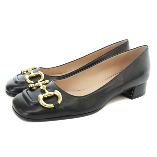 グッチ GUCCI ホースビット パンプス ローヒール レザー スクエアトゥ 