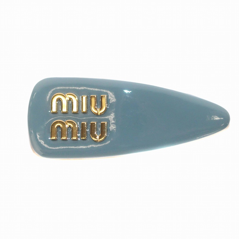 ミュウミュウ miumiu バレッタ ヘアクリップ パテントレザー ロゴ 青 