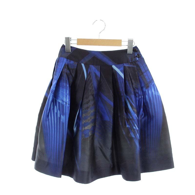 セリーヌ CELINE ミニスカート フレア 総柄 シルク 34 黒 ブラック 青  