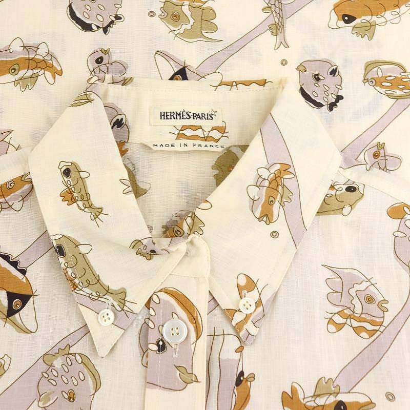 エルメス HERMES マルジェラ期 シャツ 魚柄 ノースリーブ リネン 38 