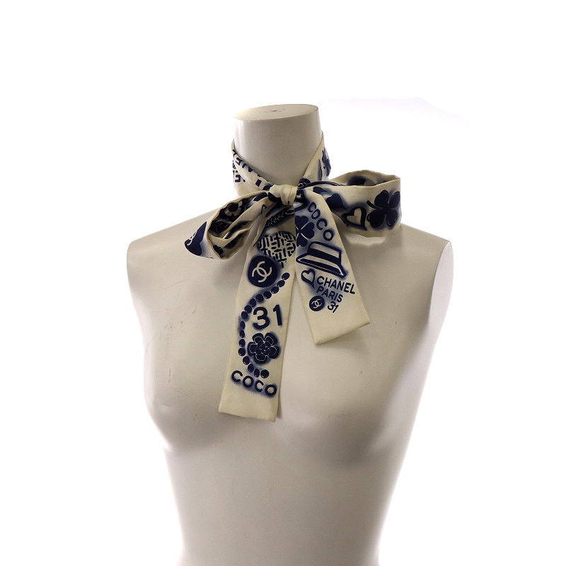 シャネル CHANEL ココマーク タイスカーフ 総柄 シルク 絹 白 ホワイト