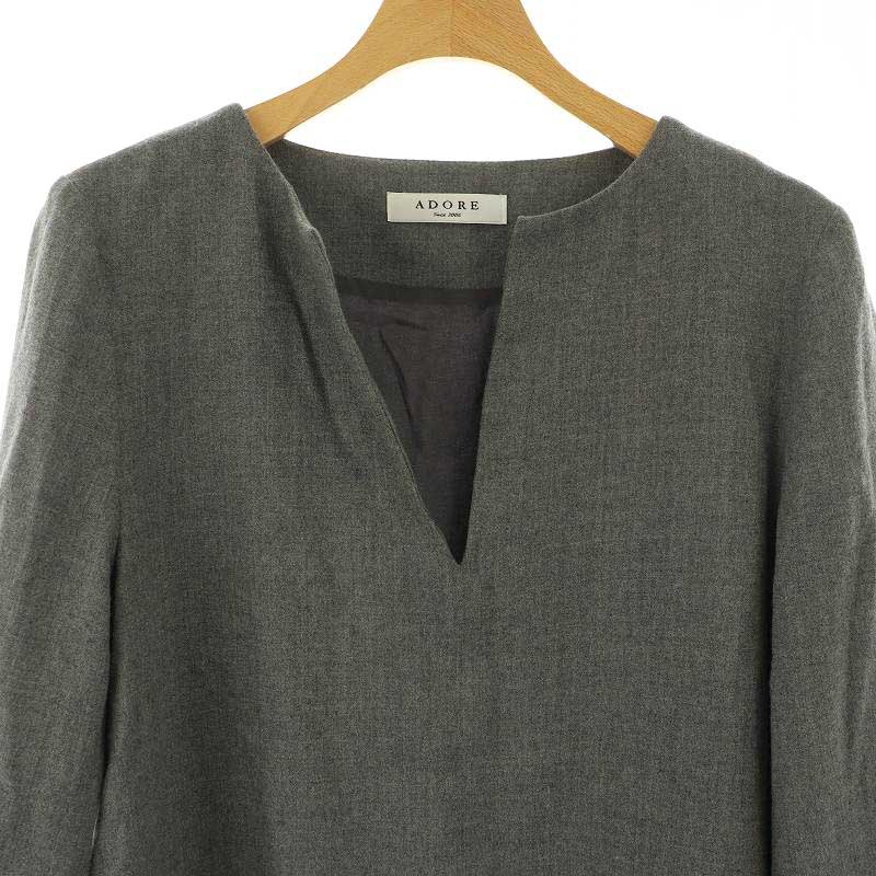 美品✨ADORE キーネック ウール ワンピース アドーア ADORE ウール キーネック ワンピース ミニ 長袖 38 グレー