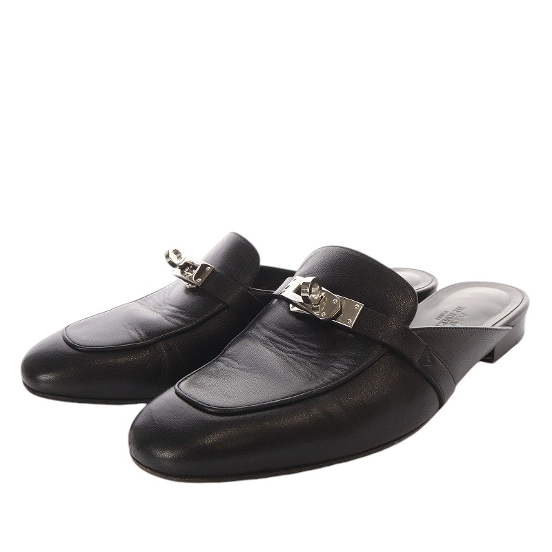 【HERMÈS】モカシン ケリー 38.5 ブラック／シルバーバックルローファー HERMES エルメス モカシン デスタン ローファー ケリーバックル