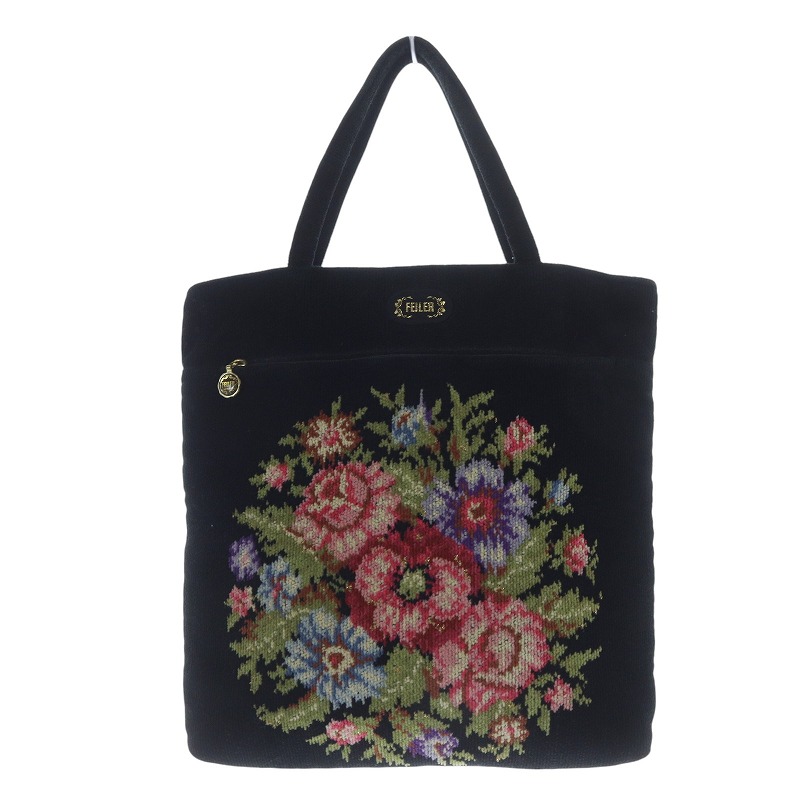 フェイラー FEILER 花柄 トートバッグ ハンドバッグ 黒 ブラック /SR6