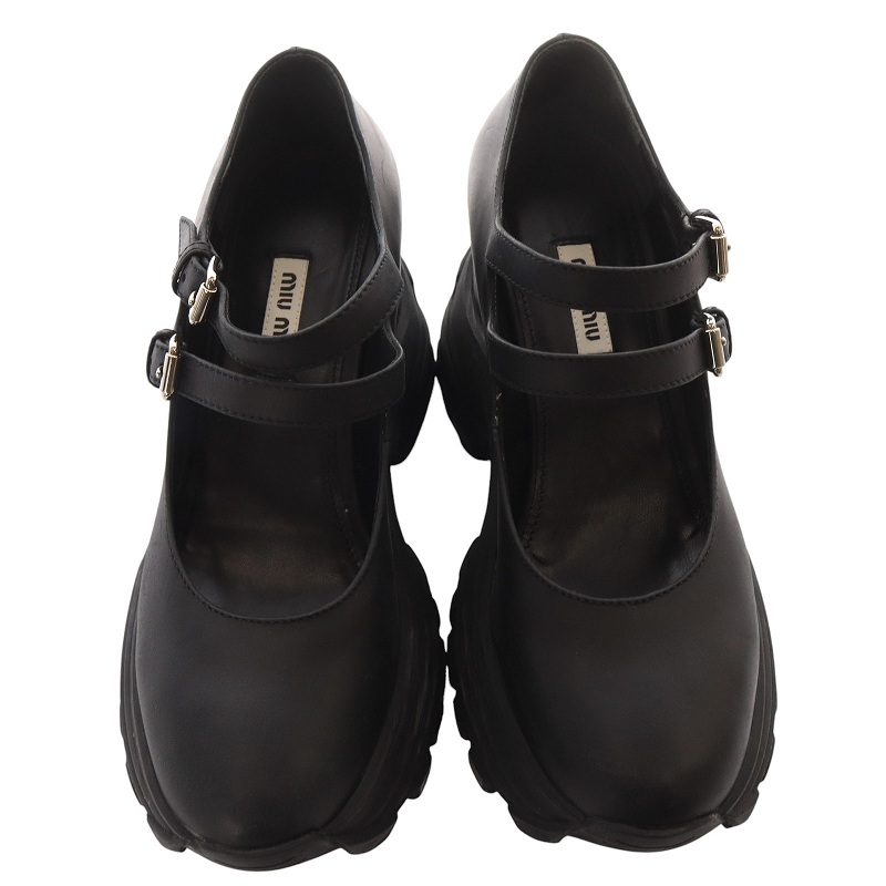 miumiu メリージェーン ブラック ミュウミュウ miumiu メリージェーン 厚底シューズ ロゴ 38 24.5cm 黒