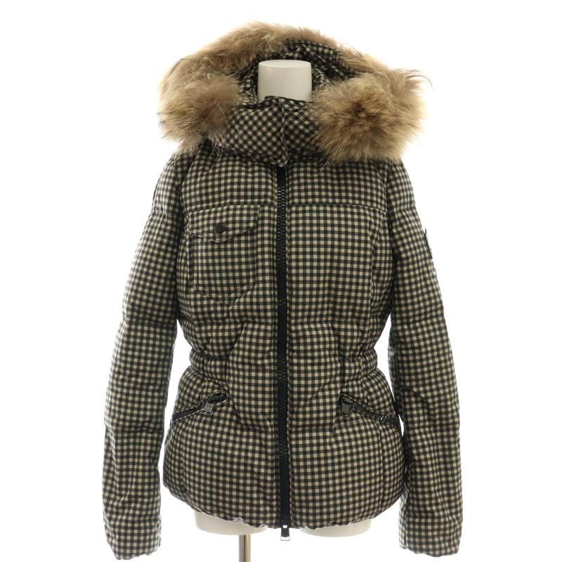 【中古】コーチ 85130リアルファーフーデットダウンジャケット ラクーンファー チェック XS ベージュ 黒 レディース コーチ COACH 85130リアルファーフーデットダウンジャケット ラクーン