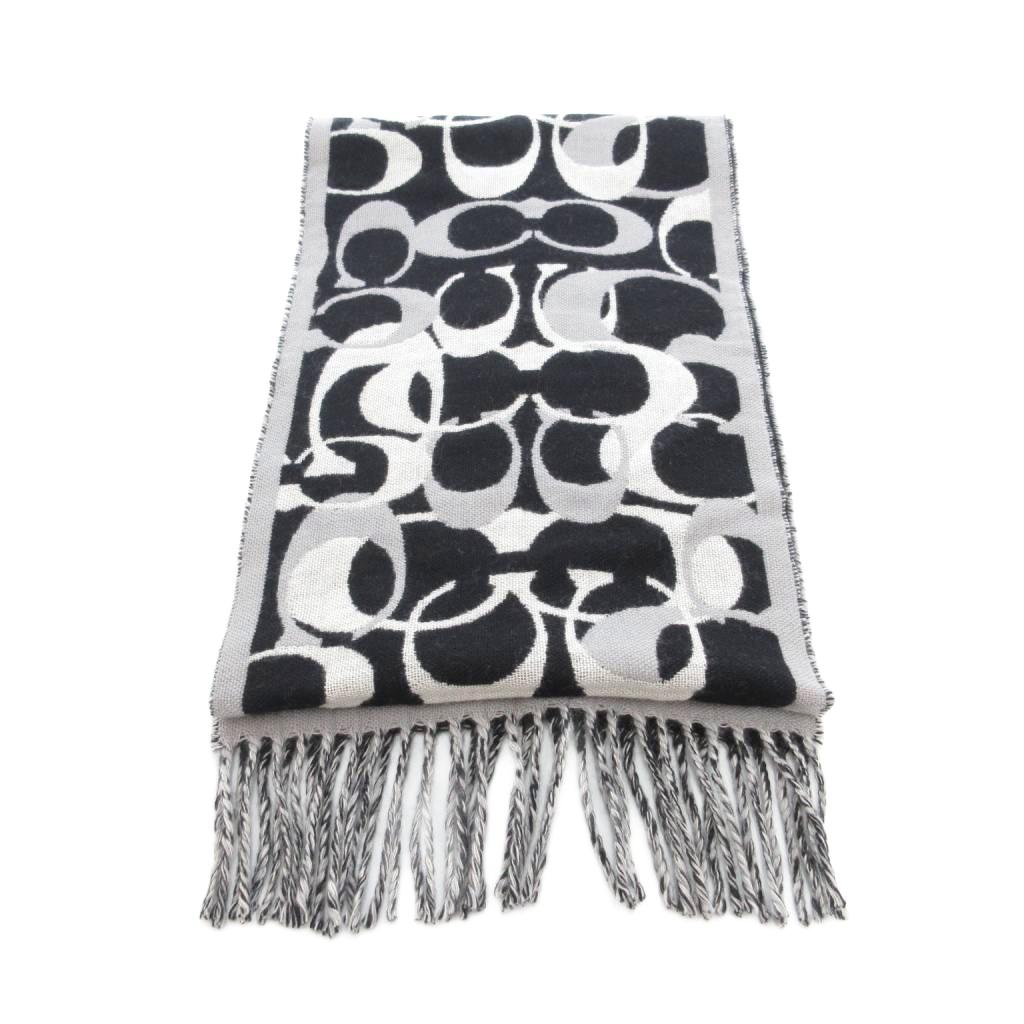 【未使用】COACH コーチ　シグネチャー　メリノ　ウール　マフラー　ラベンダー×アイボリー　10-4-352　　 コーチ シグネチャー メリノウール100% フリンジ マフラー ピンク