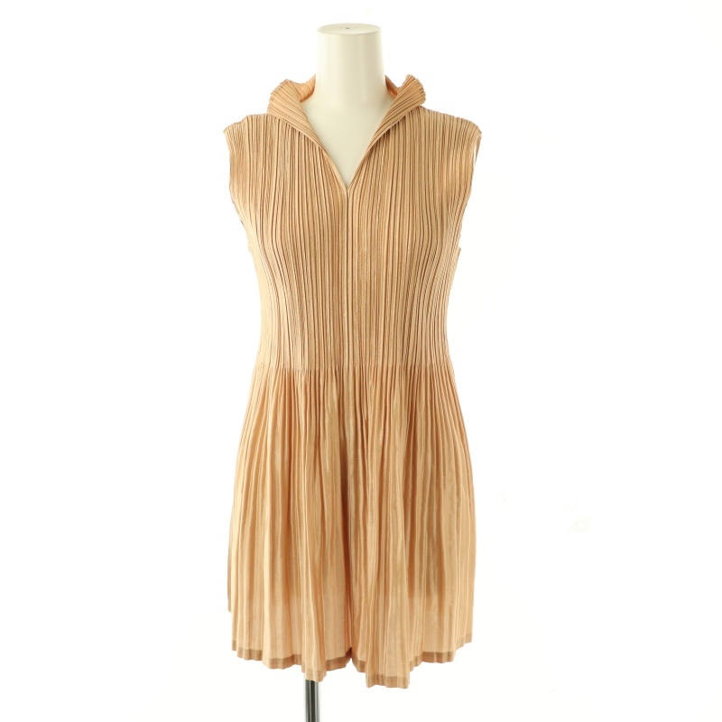 プリーツプリーズ イッセイミヤケ チュニック ベージュ ノースリーブ