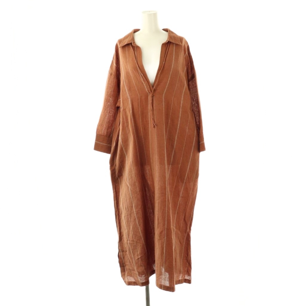 【中古】ノーメント normment ストライプ柄リネンワンピース ロング F 茶 ブラウン 白 ホワイト /SS ■OS ノーメント normment ストライプ柄リネンワンピース ロング F 茶