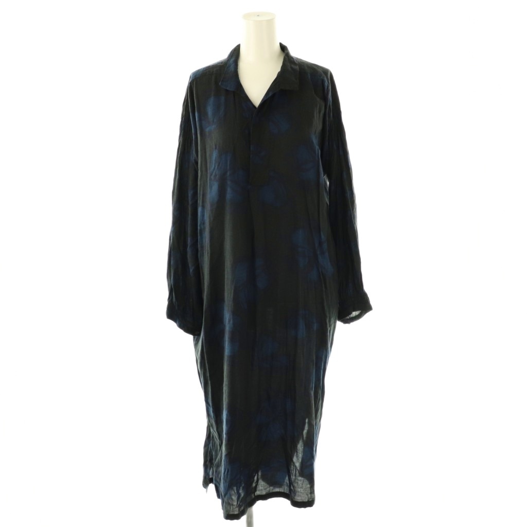 Plantation プランテーション シャツ 九分袖、藍色花柄 サイズM