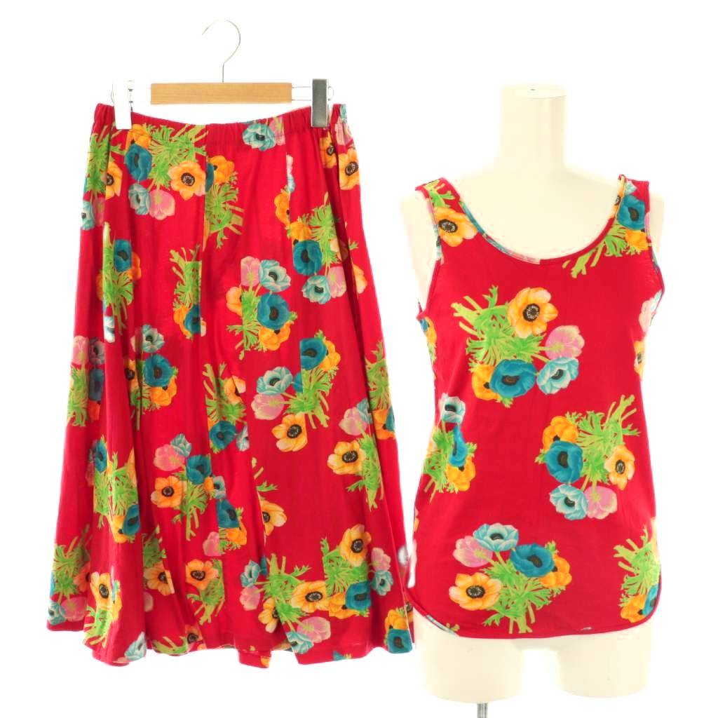 【中古】ケンゾー vintage エルカ期 フラワーノースリーブトップス×スカート セットアップ タンクトップ フレア M 赤 ケンゾー KENZO vintage エルカ期 フラワーノースリーブトップス