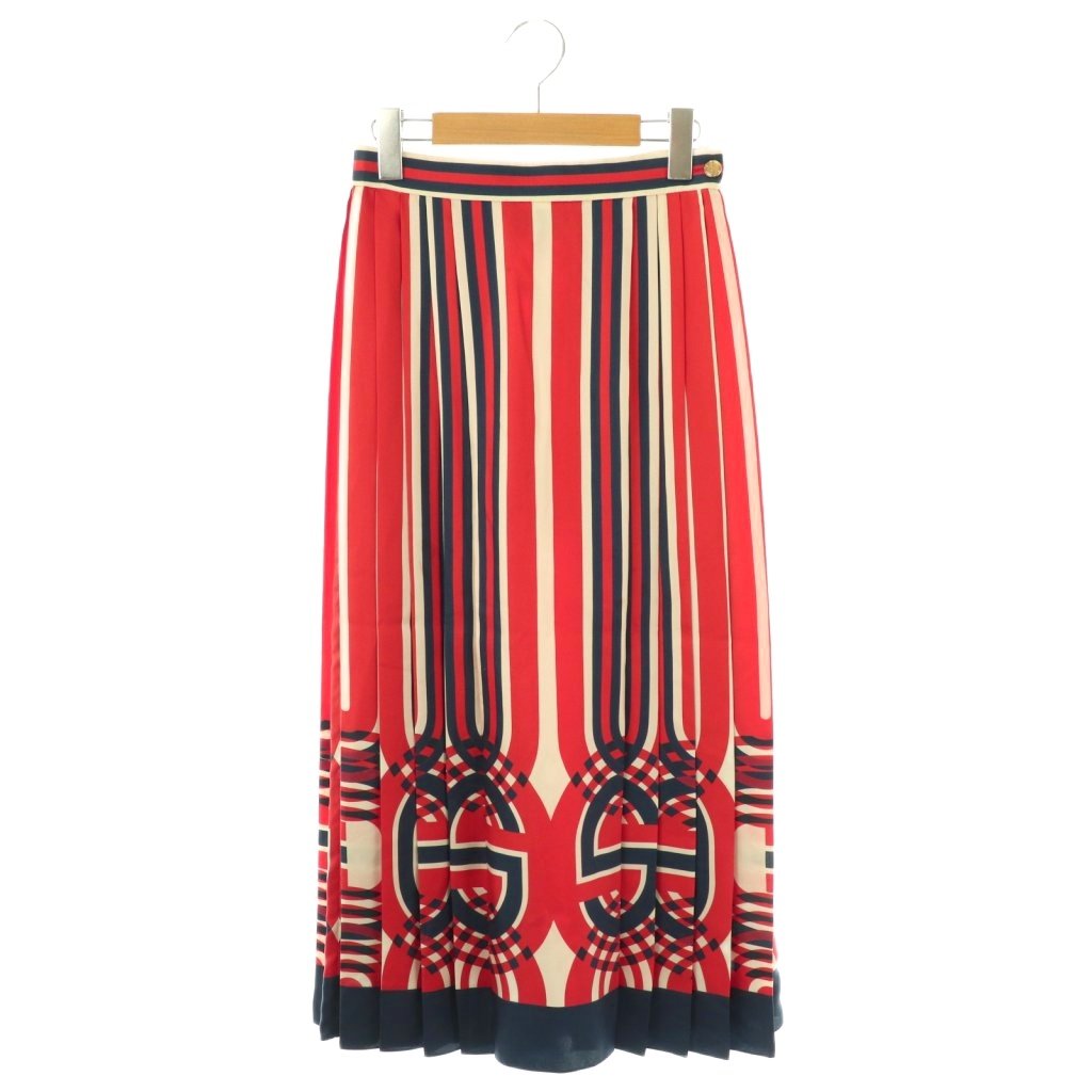 グッチ GUCCI 近年モデル 総柄 シルク プリーツ スカート 36 赤 紺