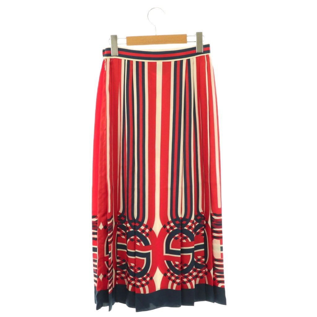 グッチ GUCCI 近年モデル 総柄 シルク プリーツ スカート 36 赤 紺  