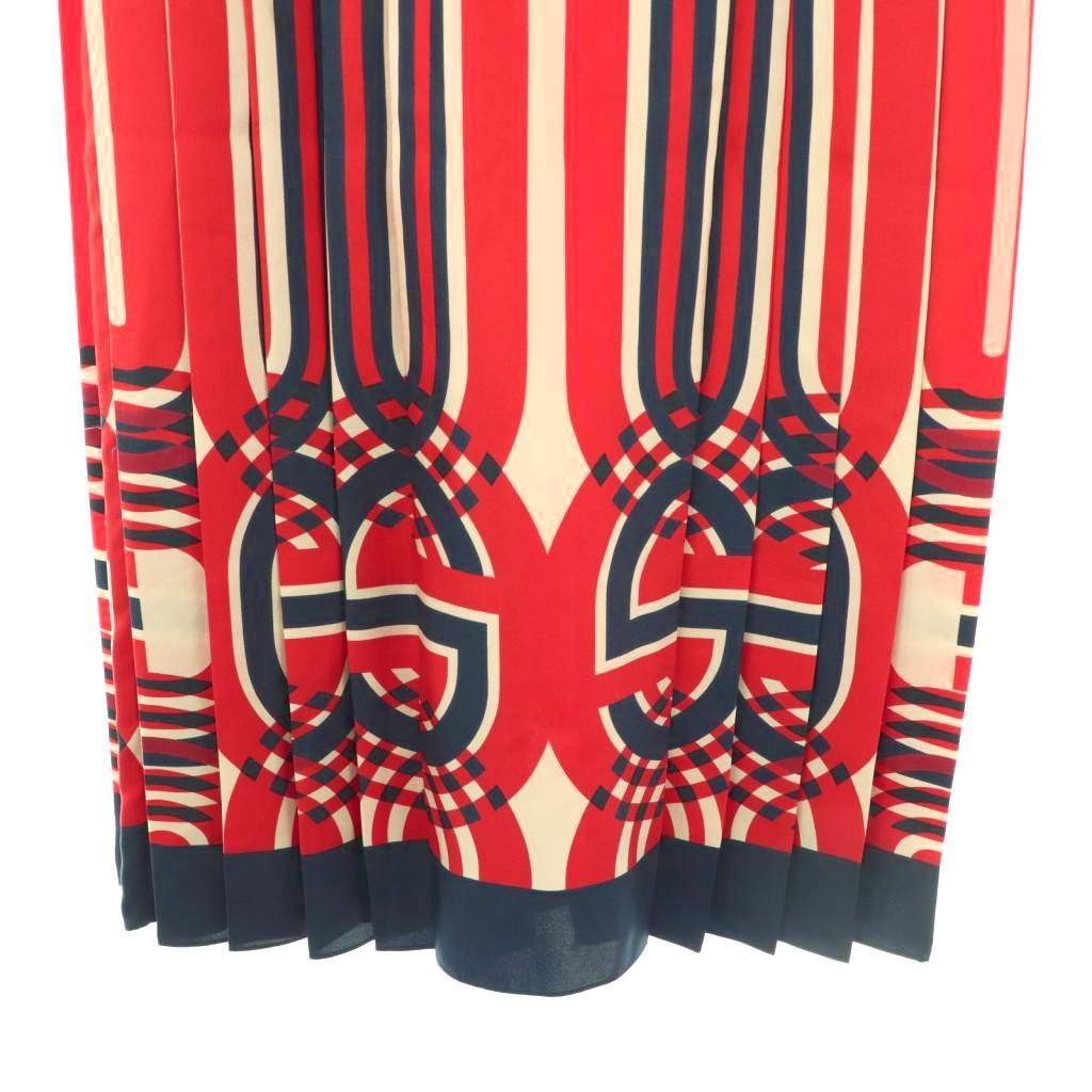 グッチ GUCCI 近年モデル 総柄 シルク プリーツ スカート 36 赤 紺  