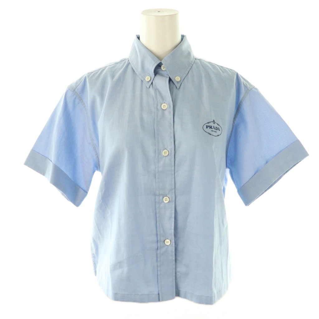 【中古】プラダ PRADA 23SS ストライプハーフスリーブシャツ ボタンダウン 38 ブルー P459GR /HK ■OS ■SH プラダ PRADA 23SS ストライプハーフスリーブシャツ ボタンダウン 38