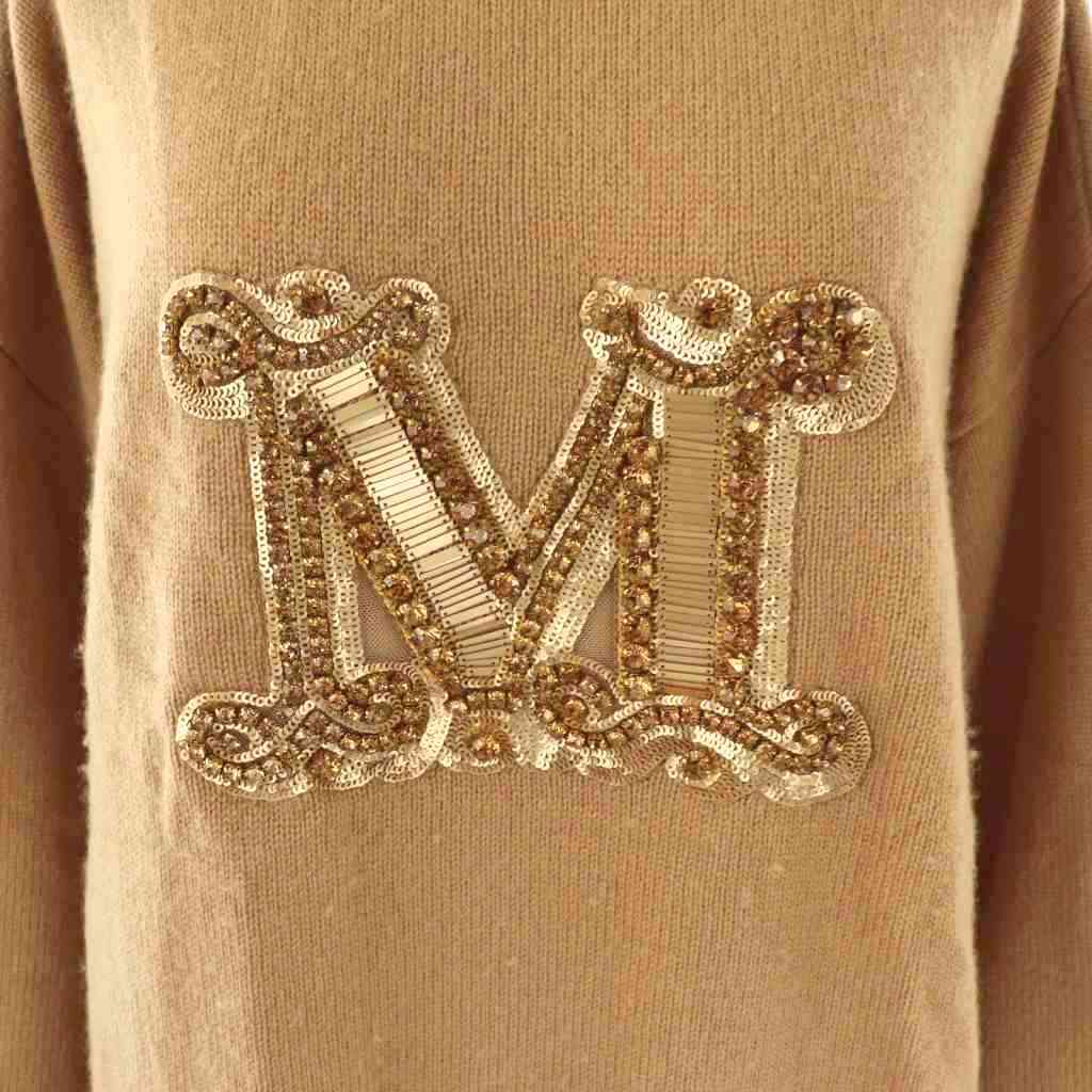 美品✨マックスマーラ カシミヤ混 ニット ビジュー ビッグロゴ ベージュ M相当 美品✨マックスマーラ カシミヤ混 ニット ビジュー ビッグロゴ