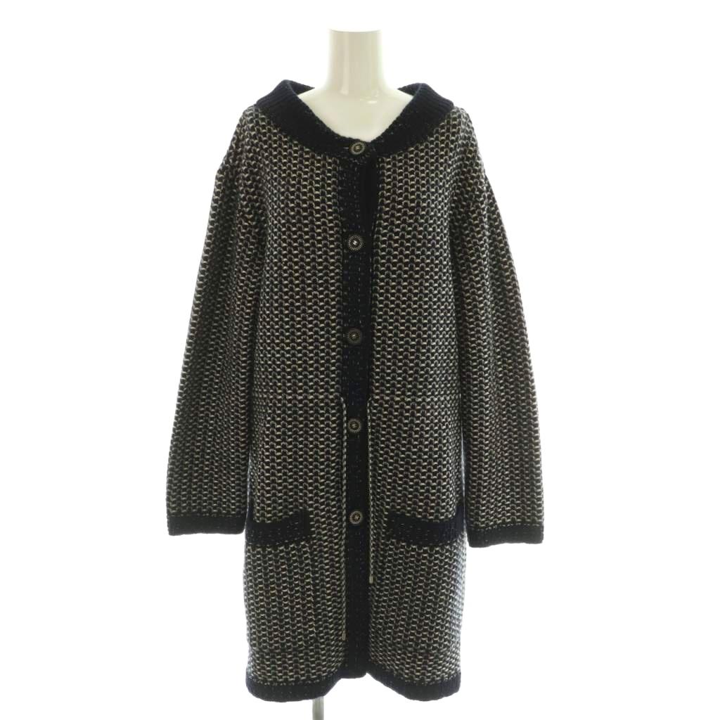 【中古】シャネル CHANEL ロングカーディガン ニット 長袖 ココマークボタン カシミヤ シルク混 34 紺 白 シャネル CHANEL ロングカーディガン ニット 長袖 ココマークボタン