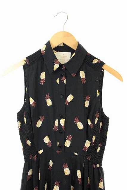 ケイトスペード Kate Spade パイナップル柄ワンピース シルク ノースリーブ シャツ フレア フィッシュテール ロング シャーリング 0 黒 Oumu1085 Os レディース 170 ベクトルパーク