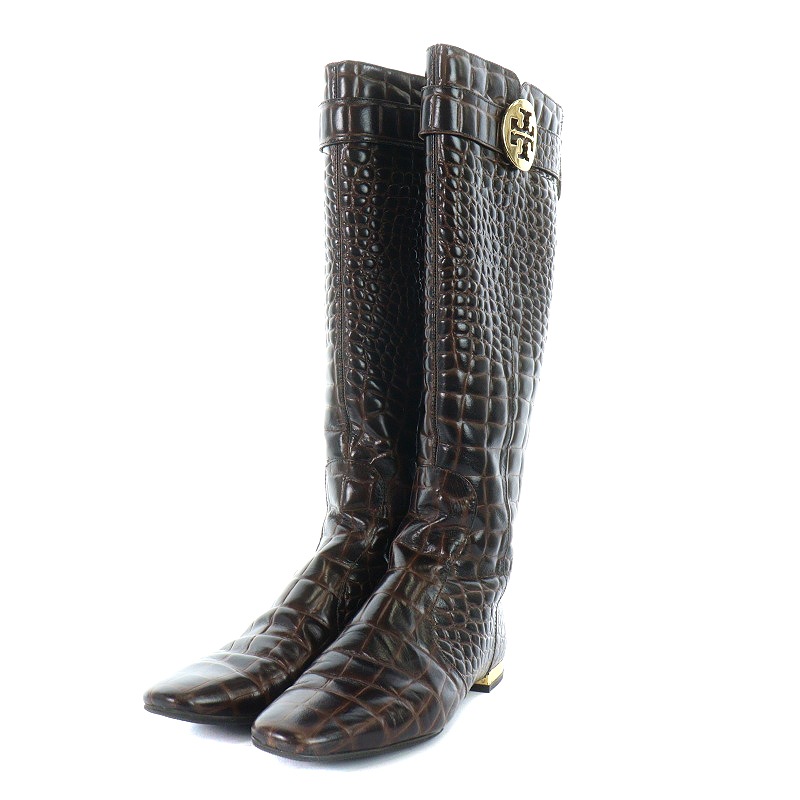 トリーバーチ TORY BURCH ロングブーツ クロコ型押し レザー 8 25cm 茶  
