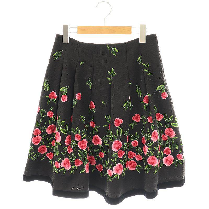 M'S GRACY 花モチーフ 総柄 フレアスカート 膝丈 M ブラック