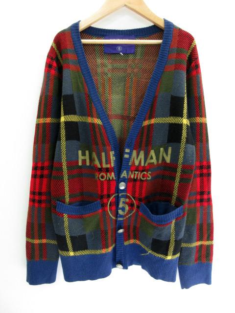 ハーフマン Halfman カーディガン ニット Vネック 長袖 チェック マルチカラー 青 赤 Ah17 メンズ 171 ベクトルパーク