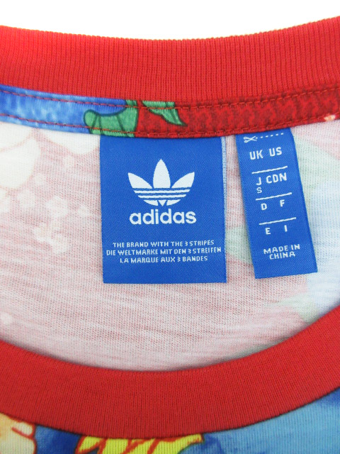 アディダス 幾何学模様シャツ 青 赤 adidas アディダス Tシャツ サイズXS 総柄 刺繍ロゴ 幾何学模様